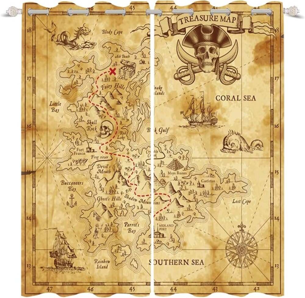 New Pirate Treasure Map 2 Panel(29"W x 39"L Each) Shower Curtain with Grommets